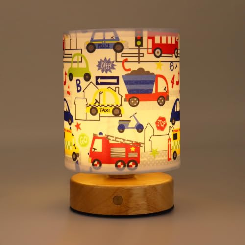Wetry Kids Night Light, Rechargeable Bedside Lamp, Car Pattern, Cylinder | Touch Dimmable, 3 Colour Temperatures, Wooden Base, Fabric Shade, Cordless, Compact, Baby Nursery Lamp