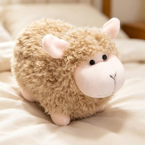 Ueiwffzo Lamm Kuscheltier, 23cm Süßes Flauschiges Schaf Plüschschaf Stofftier für Kinder & Babys, Weiches Deko Kissen Schaf Puppe, Tolles Geschenk zum Geburtstag (Braun)