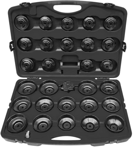 SW-Stahl 08460L Ölfilterkappensatz - 30-tlg. Ölfilterschlüssel Set | 30-teiliges Werkzeug Sortiment aus Metall im Koffer, 65 bis 108 mm Durchmesser, inklusive Ölfilterspinne und 28 Glocken