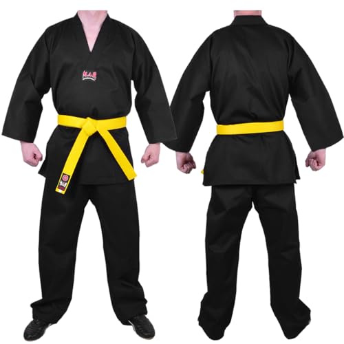 MAR | Black Karate Gi, V-Neck Student Uniform | Men & Women; Kids & Adult Sizes | Martial Arts Uniform, Karate Trousers, 8oz Fabric Suit, Kids Karate Suit (2/150)