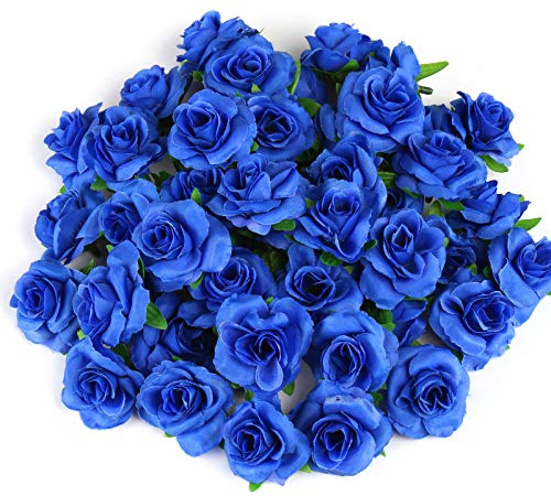 Kesote Kunstblumen 50 Stück Künstliche Blumen 4cm Blumenköpfe Blau | Kunst Blütenköpfe zum Basteln, Klein Rosen Köpfe Deko für Hochzeit Party Handwerk Geburtstag Scrapbooking DIY Flowers