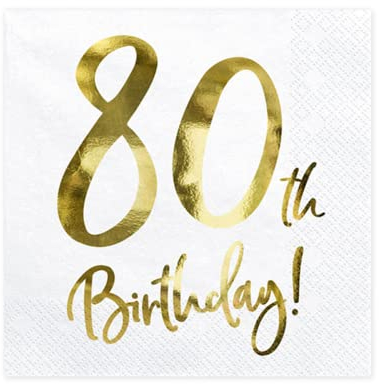 PartyDeco Servilletas de 80 cumpleaños, 20 unidades, 33 x 33 cm, 3 capas, servilletas de papel