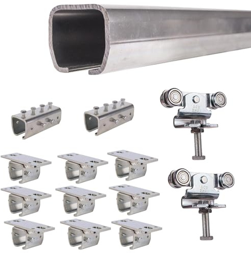 ATTAS MEA Kit complet de ferrures pour porte coulissante et portail de grange – Type 2, jusqu'à 400 kg | 2-4-6 m | Rail en C extérieur | Montage au plafond | Rail de guidage et chariot roulant