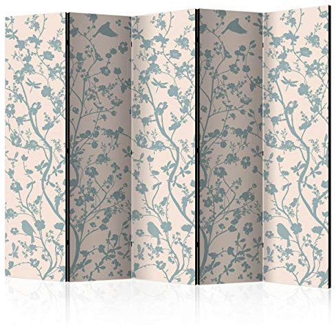 decomonkey Paravent Raumteiler Innen Pflanzen 225x172 cm 5 Teilig Einseitig Room Divider Wall Raumteiler Stehend Trennwand Sichtschutz Spanische Wand Sichtschutzwand Wohnzimmer Holz Blumen Vogel