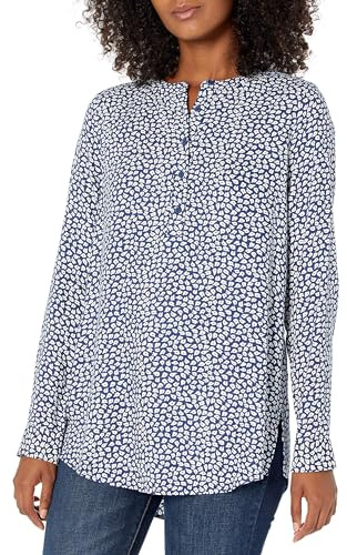 Amazon Essentials Camicetta in Tessuto a Maniche Lunghe Donna, Blu Marino Bianco Petali, L