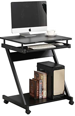 DlandHome Mesa de Ordenador Pequeña Mesa Ordenador Portátil con Ruedas y Estante Escritorio Móvil en Forma de Z Estación de Trabajo de Pie para Oficina, Casa, Dormitorio, Estudio, Negro