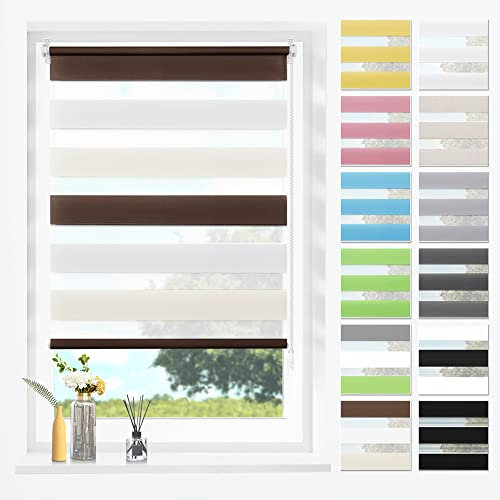 SBARTAR Doppelrollo Klemmfix Duo Rollos für Fenster ohne Bohren & zum Bohren, Weiß-beige-braun B75 x H120 cm (Stoffbreite 71 cm), Lichtdurchlässig, Klemmrollo, Fensterrollo, Zebrarollo