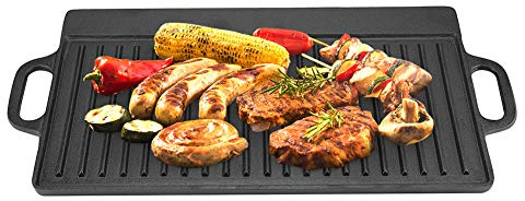 Antihaft-Grillpfanne aus Gusseisen, Gerippte und Flache Grillplatte, Universell für Gaskocher und Induktionsgrill