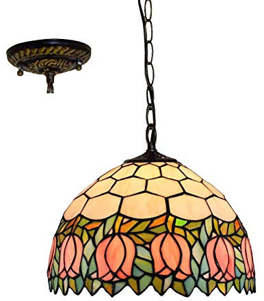 AIBOTY Tiffany Style Hanging Pendant Lamp Pink Tulip Stained Glass Lamp Shades 12 Wide Vintage Decoration Hanging Lamp 1 Light for Kitchen Island Dining Room Ceiling Light