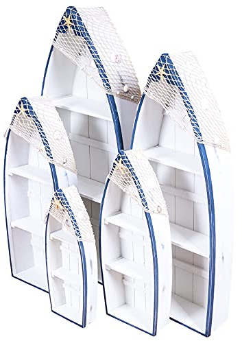 levandeo 5er Set Regale H48-102cm Boot Holz Maritim Blau Weiß Holzregal Deko Standregal Seefahrt Bootsregal Dekoregal