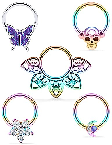 Vsnnsns 16G Stainless Surgical Steel Skull Septum Piercing Jewelry Clicker Rings Hinged Butterfly Nose Hoop for Women Men 10mm Rainbow 16 Gauge