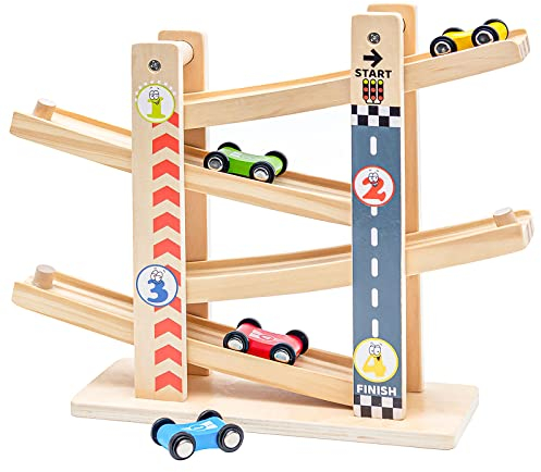 Rampe per auto in legno|Scivolo per auto a zig zag|Giocattoli per bambini Pista da corsa in legno con 4 macchinine in legno per regali per bambini di 1 2 anni