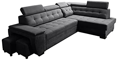 Robin Grand Ecksofa mit Schlaffunktion Bettkasten Kopfstützen Relaxfunktion 2 Hocker Sofa L-Form Schlafsofa Freistehende Eckcouch Schlafcouch Wohnzimmermöbel Wohnlandschaft Rechts Schwarz