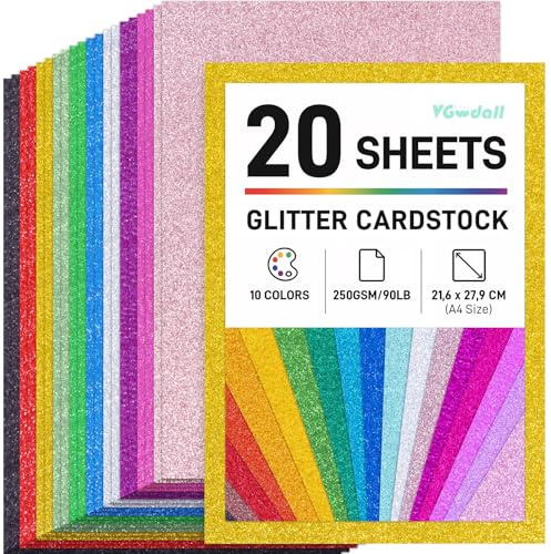 VGOODALL Cartoncini glitterati, 20 fogli di carta glitterata multicolore, cartoncino di alta qualità, per biglietti fai da te, confezioni regalo, decorazioni per feste di compleanno, 10 colori, 250 g
