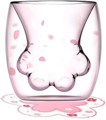 BrightCheer Tasse à café à double paroi en forme de patte de chat - Tasse à café à double paroi en verre Sakura pour café et thé - Cadeau pour femme et fille