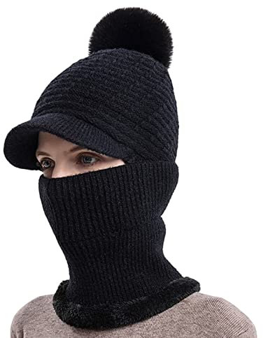 Damen-Mütze, Fell, dehnbares Garn, Strickmütze mit Halswickel, für Outdoor-Sport, Reitmütze, Schwarz , One size
