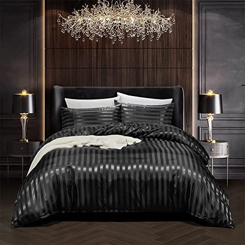 Juego de ropa de cama, negro, 240 x 260 cm, para adultos, satén, a rayas, para cama doble, satén, negro, monocolor, seda, lisa, brillante, juego de ropa de cama con cremallera y 2 fundas de almohada