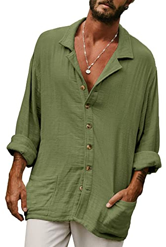 Camisa casual con botones para hombre, de algodón y lino, para la playa, camisa ligera de verano, ajuste holgado, cuello Kent con bolsillo, Ejercito Verde, XXL