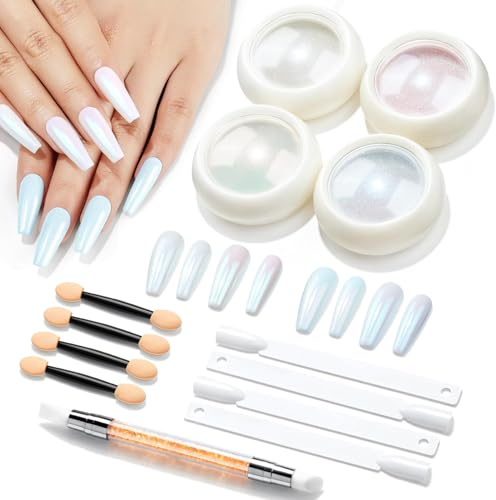 Modelones 4 Jars Polvo de Uñas de Cromo, Blanco Perla Cromo, Decoraciones para Uñas Nail Art, Polvo de Uñas con Efecto Espejo Brillante Perla 13PCS