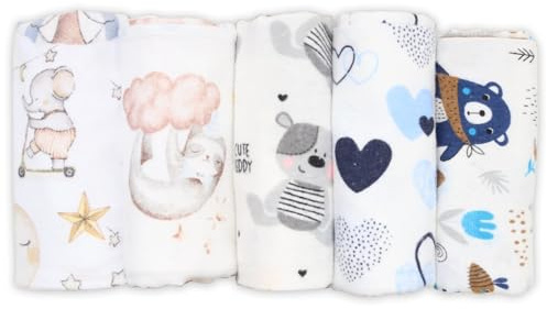 FENSILO Paños de muletón, Paquete de 5 pañales de Franela de 100% algodón, 80 x 80 cm, paños para vómitos para bebés, paño para eructos de Franela Unisex, Elefante y Oso de Peluche