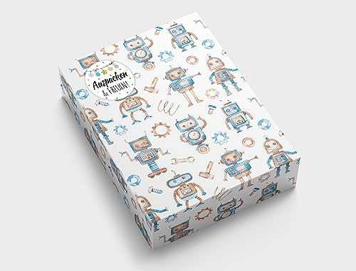 Geschenkpapier für Jungen Roboter Geschenkverpackung für kleine Geschenke Kindergeburtstag Mitgebsel Gastgeschenke verpacken Kindermotiv (12 Bögen in DIN A3 + 12 Aufkleber + 50 Verschlusspunkte)