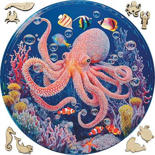 Holzpuzzle Erwachsene - Rundes HolzPuzzles Tiere 200 Teile - Erwachsen Holz Puzzle Ozean- Wooden Puzzle - Geburtstags Weihnachten Geschenke (Small, Oktopus)