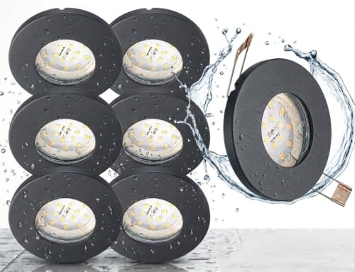 Trango 6er Set Einbaustrahler 6729IP-065MO IP44 aus Edelstahl in Schwarz matt inkl. 6x 3000K warmweiß Ultra Flach LED Modul für Bad, Dusche, Einbauspots, Deckenstrahler, Deckenlampe, Badleuchte