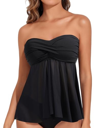 Talisea Frauen Bandeau Tankini Top Nur Mesh Trägerlose Badeanzüge Top Halfter Flyaway Badeanzüge Keine Unterseite Schwarz, Schwarz, Medium