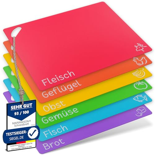 Mainmaison Schneidebretter Schneidematten 6er Set, Schneidebrett, flexibel, spülmaschinenfest, BPA-Frei, groß, rutschfest, lebensmittelecht, Kunststoff, Lebensmittel-Symbole+Schrift, Küche, Extrastark