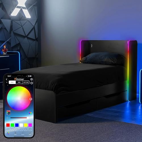 X-Rocker Electra 3ft Single, RGB LED Bed Frame - Neo Motion™ Sync App Controlled LED Lights, Under-bed Storage, 2 Trundle Drawers, Durable Wooden Frame for Kids & Teens - Black