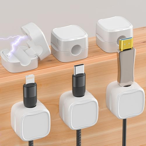 6 Pcs Support de Câble Magnétique,Range Cable Bureau,Cacher le Support de Câble de Chargement de Téléphone,Support de Chargeur de fil Adhésif Fort Pour Table de Nuit,Fournitures de Bureau (Blanc)