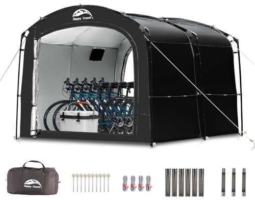 Happy Travel Tienda de campaña de almacenamiento para bicicletas, al aire libre de 8 x 7 x 6.3 pies, cobertizo portátil 2 en 1, más 30% de espacio superior con puertas dobles con malla, refugio