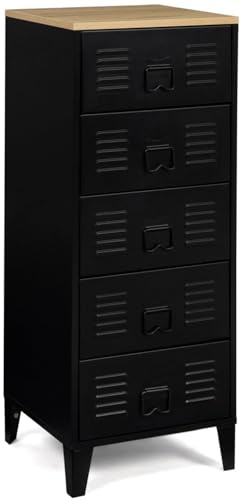 IDMarket – Chiffnier 5 cajones Ester 40 cm metal negro y bandeja de haya diseño industrial