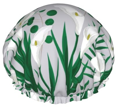 Hair Cap for Shower - Calla Lily Flowers Green Leaves Double Layer Shower Cap Reusable Waterproof, Large Shower Cap for Women, Hair Cap for Shower with Peva Lining and Elastic Rope