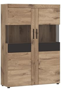 möbelando Glasvitrine >Grano< in Viking Eiche Dekor/Kosmos Grau - 101,9x149x37,4 (BxHxT)
