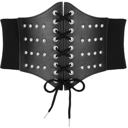 VONMELLI Damen Elastische Schnürung Korsett Gürtel Tied Waspie Breite Kostüm Stretch Taille Gürtel für Halloween Schwarz (mit Nieten) M