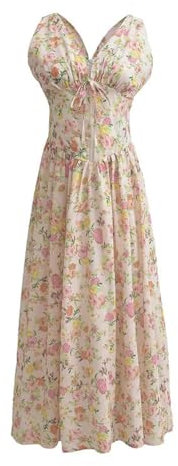 V-Ausschnitt Fliege Weste Kleid Sommer Taille A-Linie mittellanges Kleid-Flower Foundation-M