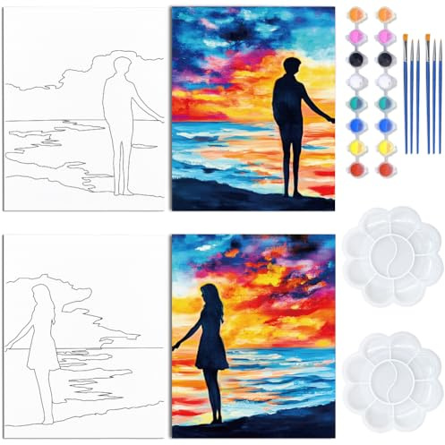 WEBEEDY 2 Pack Vorgezeichnetes Leinwandmalset Für Erwachsene Paare Date Night Malset Zum Malen Und Genießen Liebesthema Kunstmalerei Partybedarf Für Geschenk zum Weihnachten Valentinstag 20x25cm