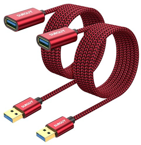 SUNGUY USB 3.0 Verlängerung Kabel，Verlängerungskabel 5Gbps Superschnelle USB A Stecker auf A Buchse Verlängerung für Kartenlesegerät,Tastatur, Drucker, Scanner, Kamera[2m-Rot-2Stück]