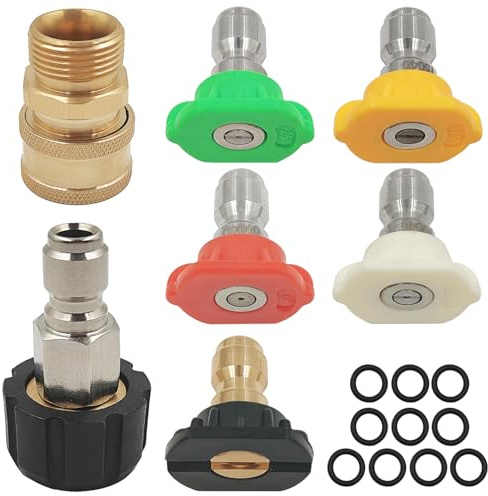 5 Pcs Pressure Washer Spray Nozzles + 2 M22 14mm Quick Connect Kit + 10 O-Rings Replacement for 1/4 inch & 3/8 inch, 5 Degrees Quick Connection Tips, Power Washer Fittings Wand Tips Set, 4000 PSI