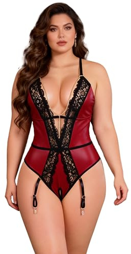 ohmydear Women's Faux Leather Lingerie Suspenders Set Sexy Plus Size Red Teddy Bodysuit Detachable Garter Belt Deep V-Neck Clubbing Outfits, 3XL-4XL