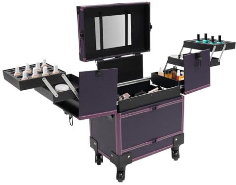 VonVVer Kosmetikkoffer Trolley - Kosmetikkoffer mit Spiegel 37x24.3x101cm Make up Koffer Schminkkoffer mit Rollen Friseurkoffer für Reisen, Geschenkidee (Lila)