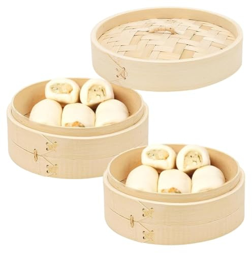 （2） ZhiShangSmart Dampfgarer Bambus mit Deckel, 20 cm, 2-stöckiger Dampfgarer, Dämpfkorb, für Knödel, Reis, Dim Sum, Gemüse, Fisch und Fleisch