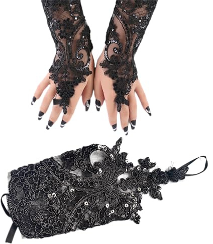 syiyunran Deguisement Malefique Costume Femme - 1 Pièce Ladies Black Feather Lace Fingerless Gloves Pour le Mariage Costumes D'halloween Noir Plume Gants Vintage Dentelle Gothic Filet Gant Noire