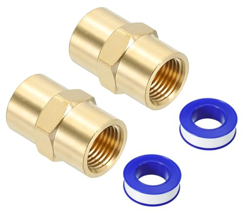 PATIKIL 1/8 x 1/8 Brass NPT Coupler with Sealing Tape, 2 Set Female Hex Head Pipe Fitting Coupling for Home Plumbing Pipes Shower Head Bases Coupling, Gold