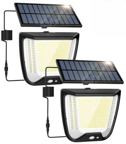 spqment Luce Solare Esterno LED con Pannello: 288 Faretto Solari LED Luce con Sensore Di Movimento IP65 Impermeabile Giardino Faretti Lampade 3 Modes Faro Luci Da Esterni Solar 2 Pezzi con 5m Cavo