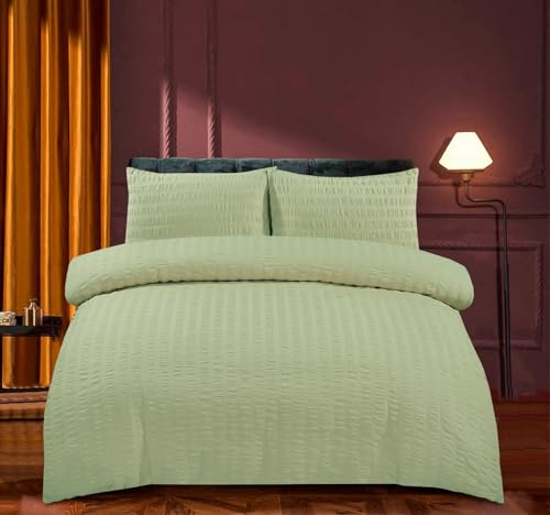 KD HOME EVERYTHING YOU NEED Seersucker Duvet Quilt Cover Set with Matching Pillowcases, Ultra Soft Cosy Polycotton Stripe Design, Easy Care & Machine Washable (Sage Green, Single)