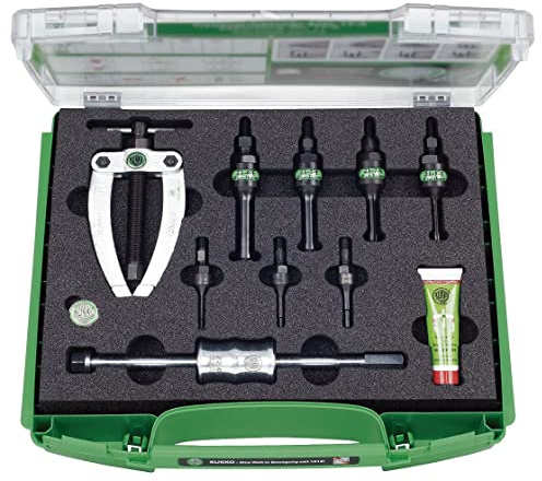 Kit d'extraction de roulements intérieurs dans les espaces étroits avec pont et marteau coulissant, idéal pour l'entretien mécanique.