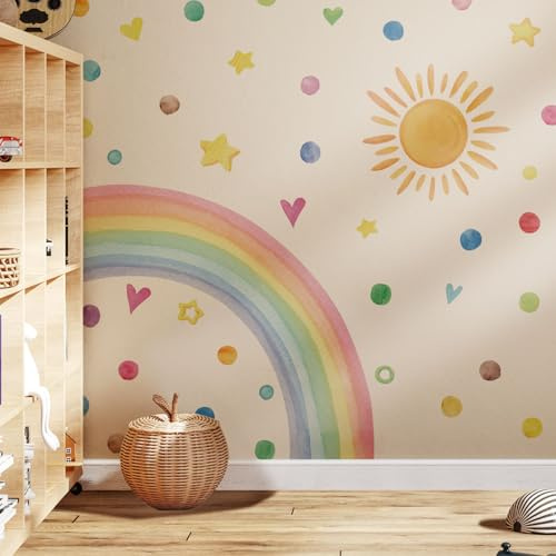 Neukids Wandsticker Regenbogen Boho,Sonne und Farbige Punkte Wandtattoo | Selbstklebend Wandaufkleber für Mädchen Schlafzimmer Kinderzimmer Wohnzimmer Babyzimmer Wanddeko