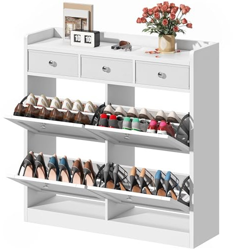 DWVO Schuhschrank Weiss mit 4 Klappen, Schuhschrank, Schuhregal Schuhkipper Schmal, Shoe Cabinet Schuhkommode mit Schublade für Eingangsbereich, Flur